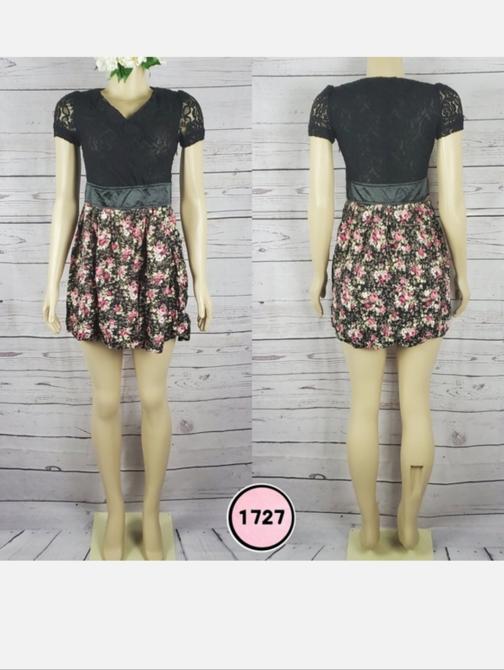 Black Lace Top Floral Skater Dress with Waist Panel